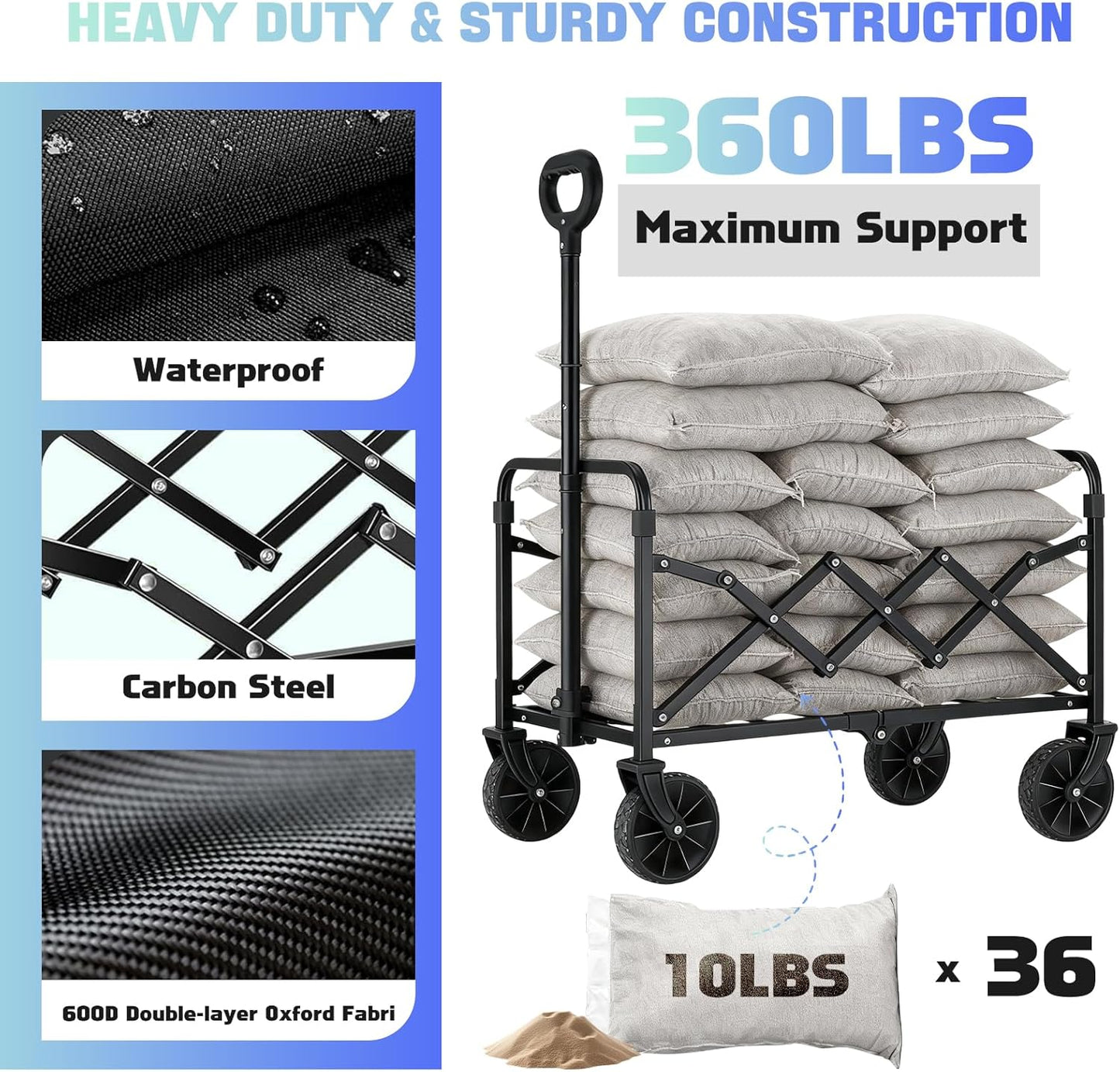 360LBS Collapsible Wagon Cart with Wheels - Heavy Duty Folding Wagon Carts for Grocery, Lightweight Utility Wagon with All-Terrain Wheels & 2 Cup Holders, Portable Beach Wagon for Shopping Garden
