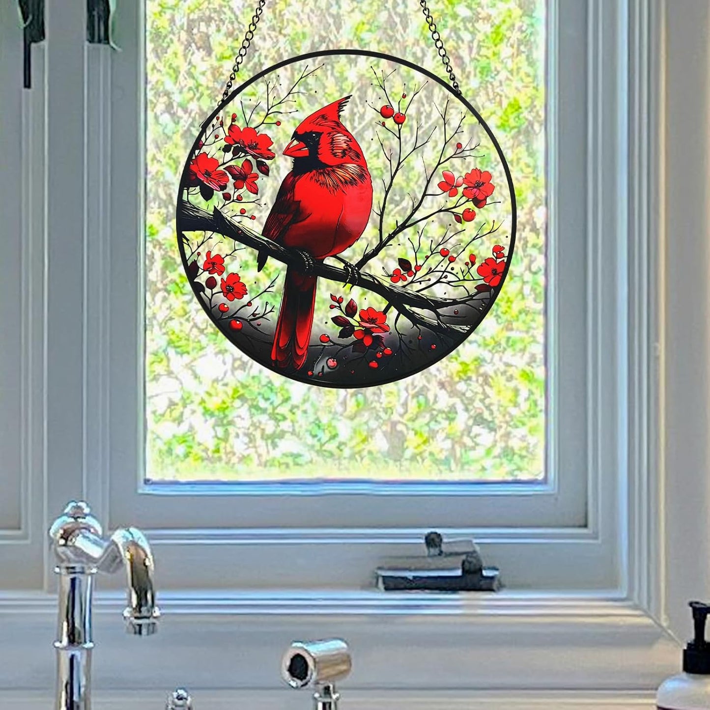 Red Cardinal Garden Suncatchers Outdoor, Cardinal on Branch Stained Gl