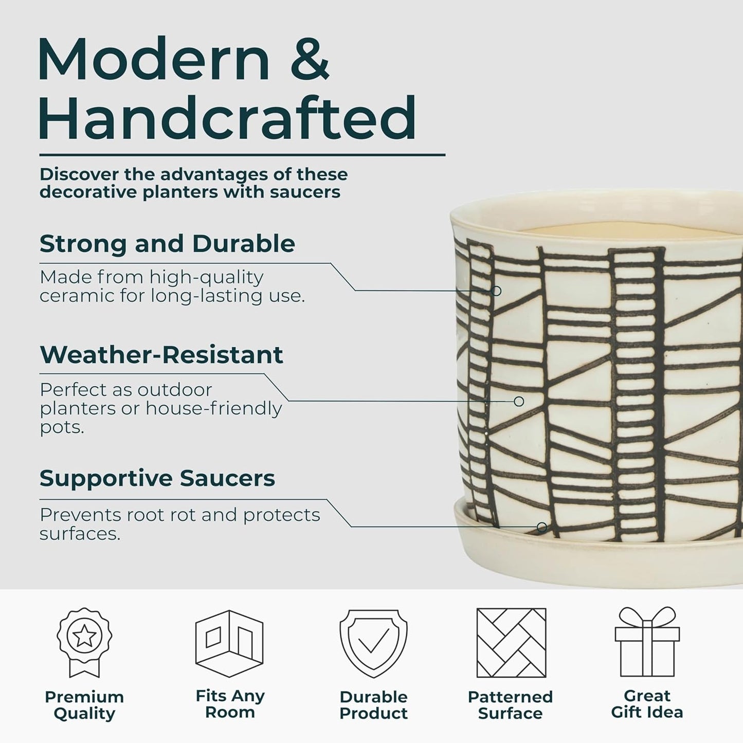 Set of 2 Geometric Decorative Ceramic Planter Pots with Saucer – Stone