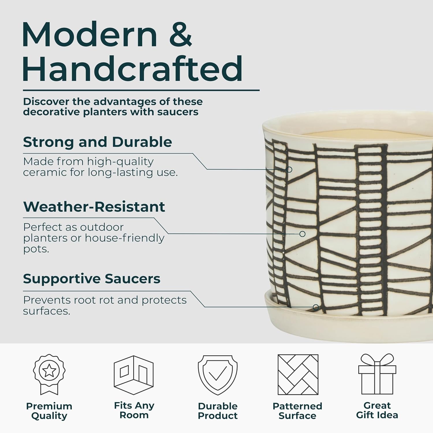 Set of 2 Geometric Decorative Ceramic Planter Pots with Saucer – Stone