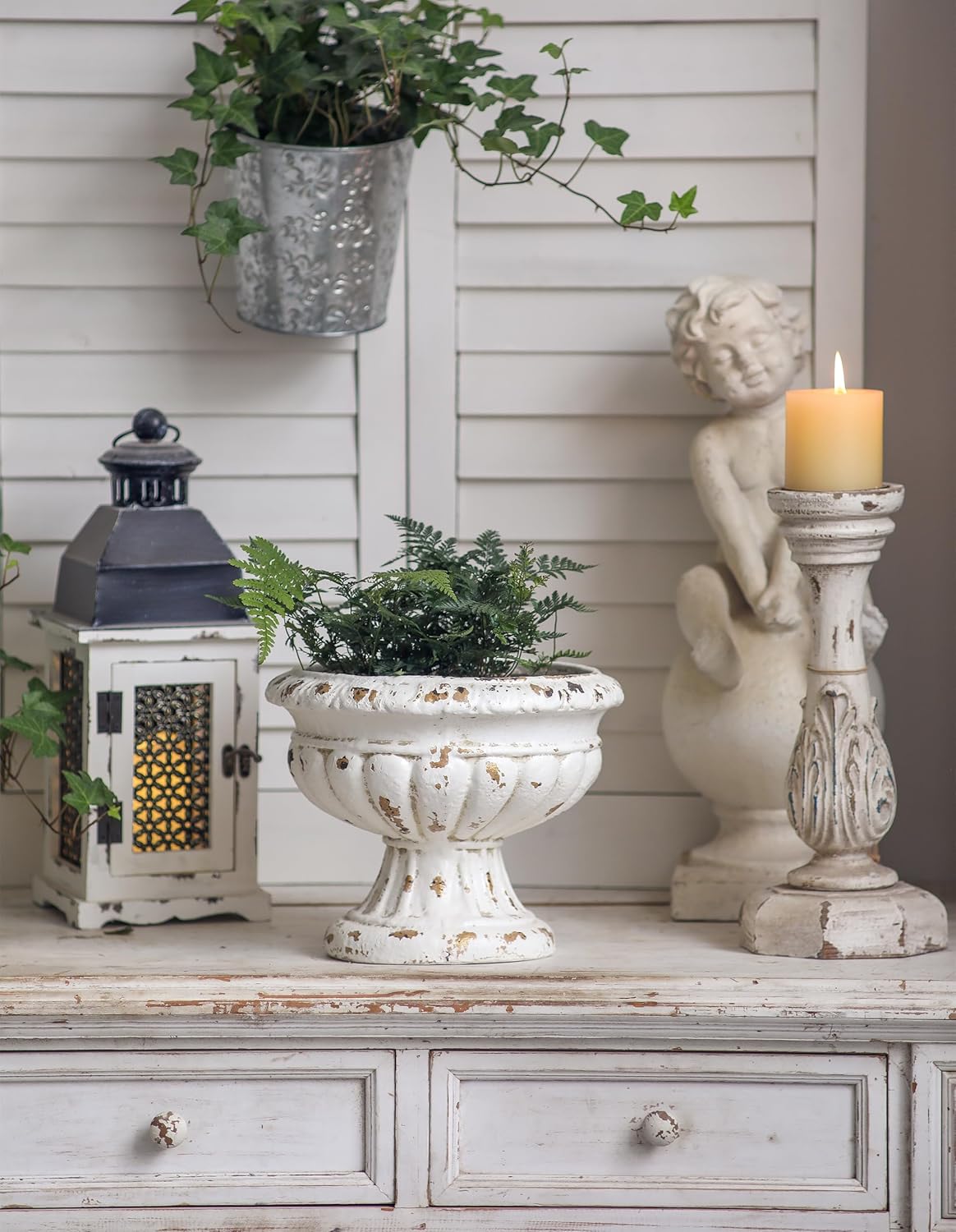 SOFE Vintage Large Pedestal Vase, 11 Inches Tall Front Porch Garden Planters, Resin Compote Vase, Distressed White Flower Pot, French Country Home Decor