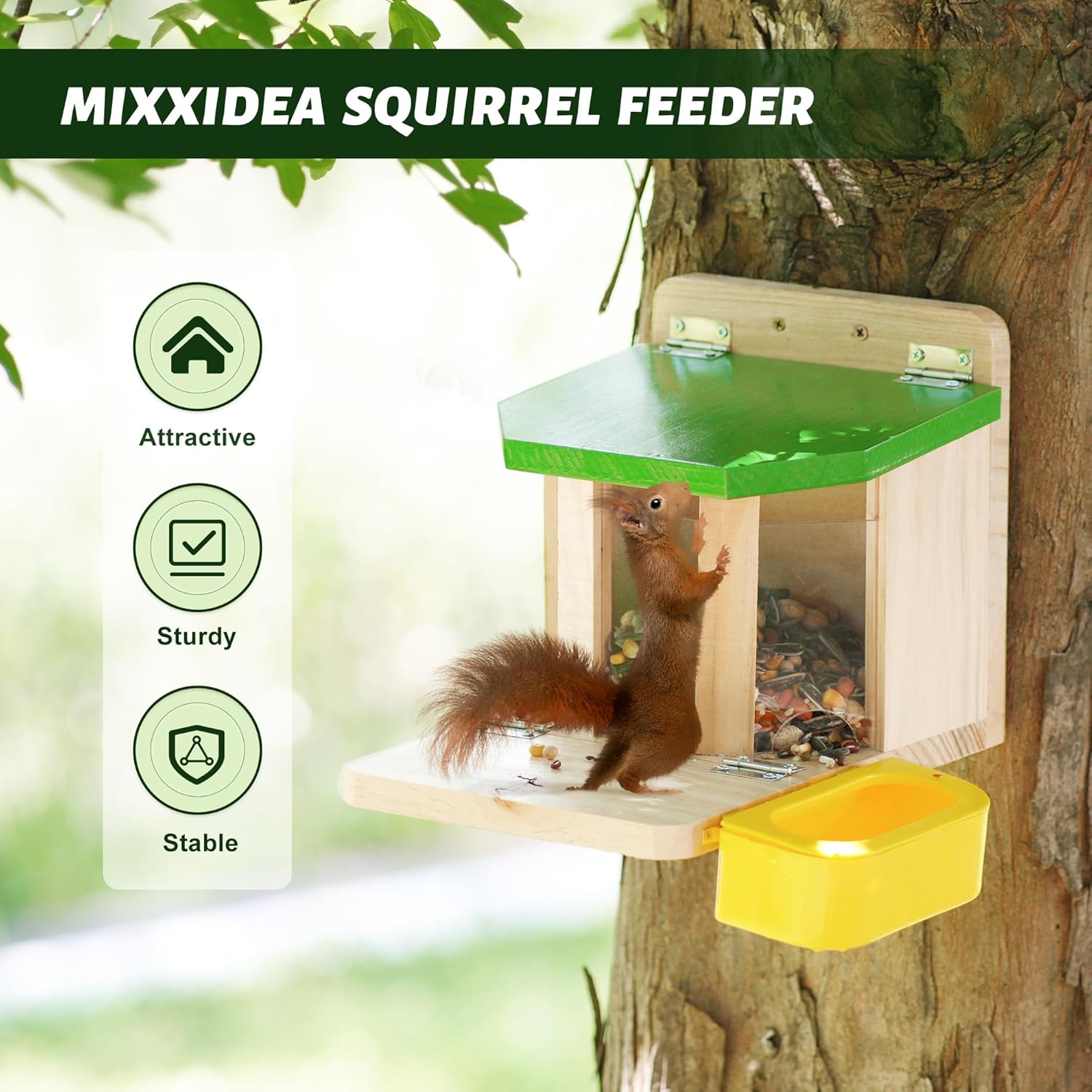 MIXXIDEA Wooden Squirrel Feeders for Outside with Water Bowl, Large Ca