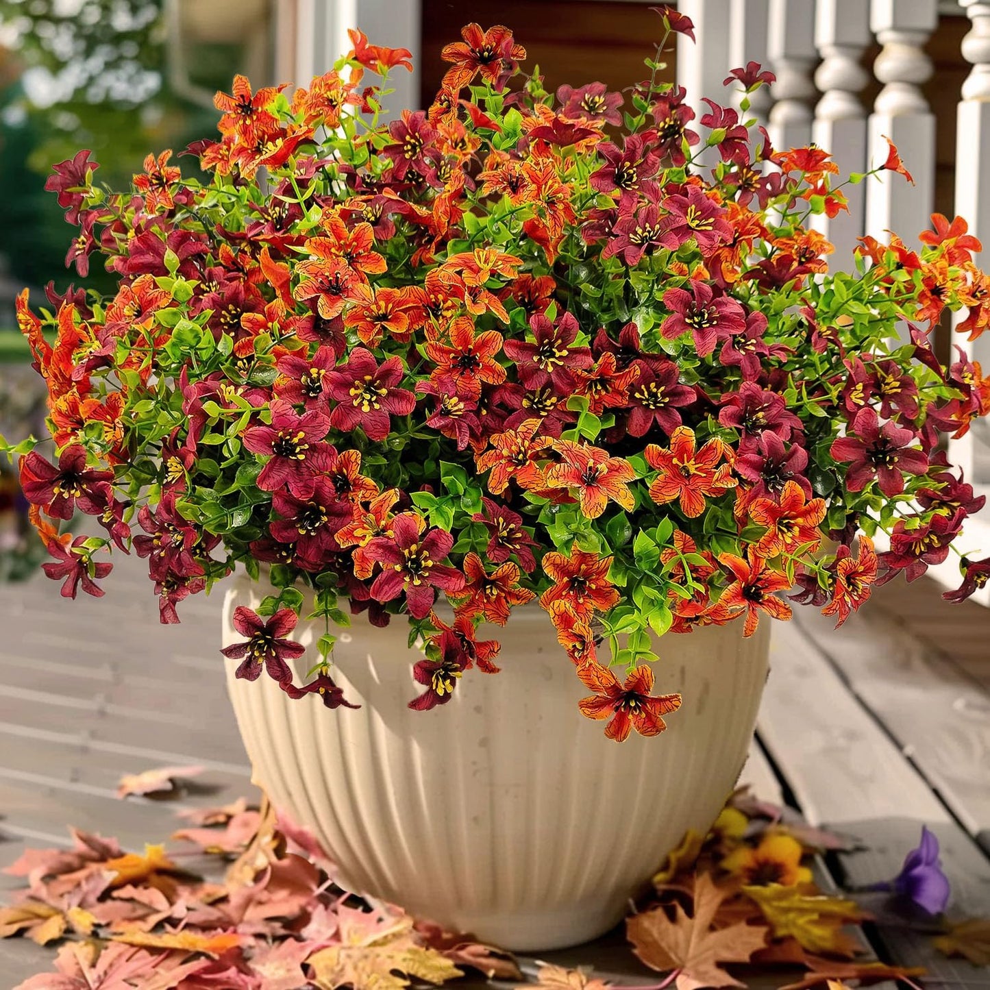12 Bundles Faux Fall Flowers Artificial Mums for Outdoors Fake Plants UV Resistant for Planters Pots Garden Outside Front Porch Patio Hanging Basket Home Autumn Decoration (Orange+Brown)