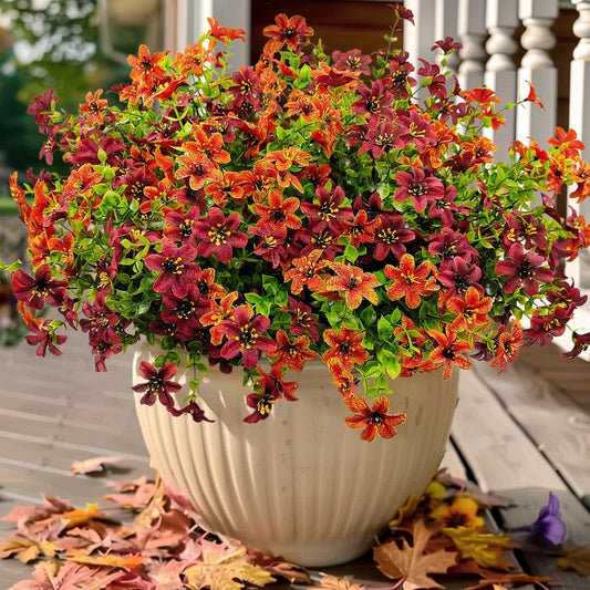 12 Bundles Faux Fall Flowers Artificial Mums for Outdoors Fake Plants UV Resistant for Planters Pots Garden Outside Front Porch Patio Hanging Basket Home Autumn Decoration (Orange+Brown)