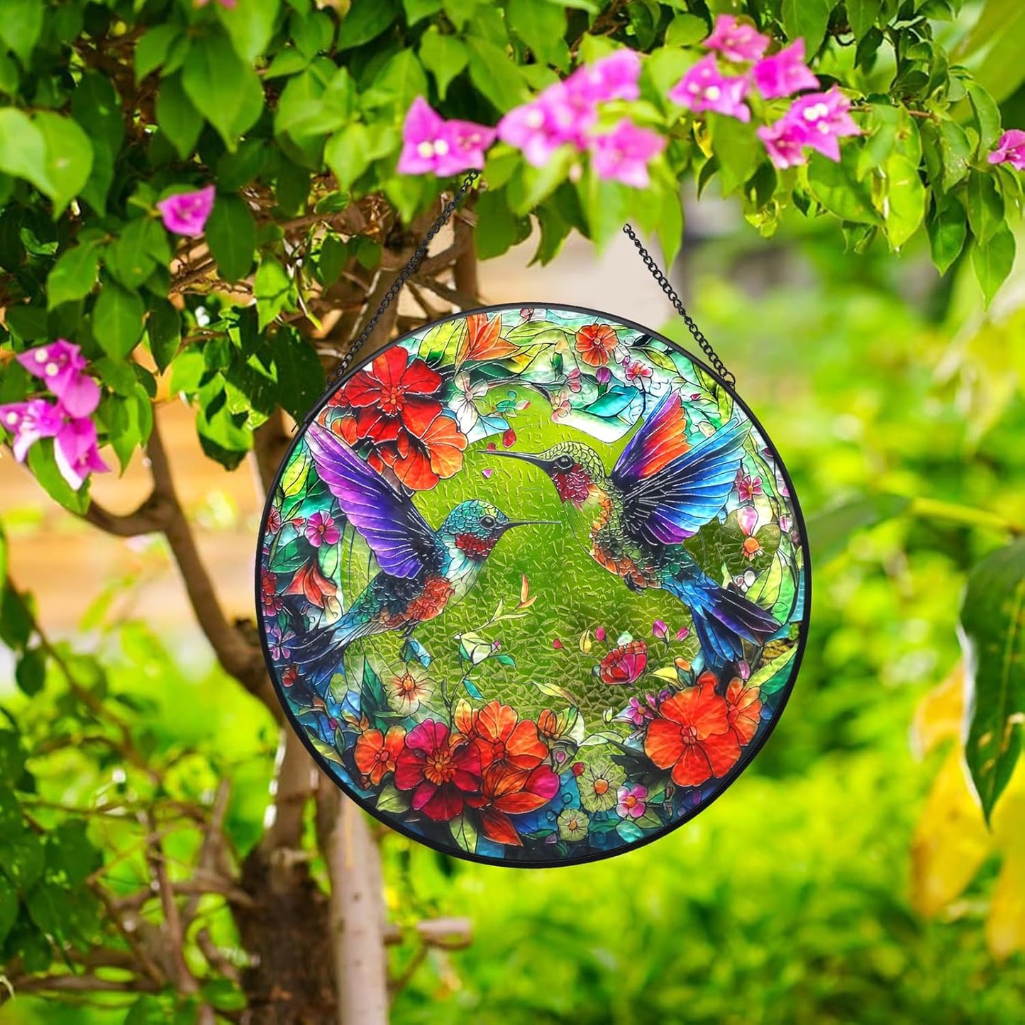 Hummingbird Suncatcher Stained Glass Window Hanging Set, 7.8 Inch Sun 