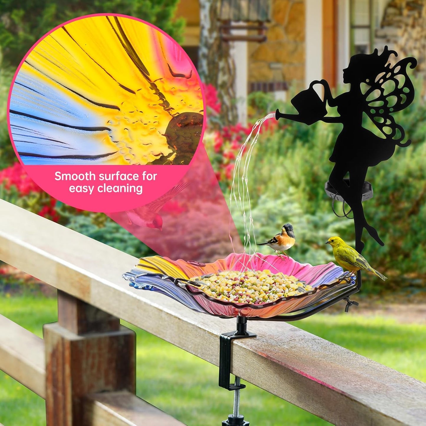 Solar Glass Colored Bird Bath，Birdbaths Deck Mounted 19.5 Inches Bird 