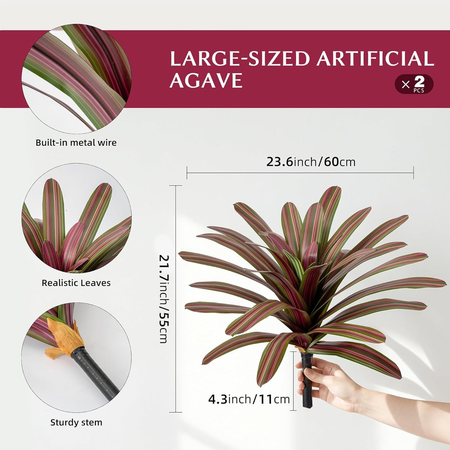 Agave Plant Artificial 23.6" Faux Agave Plant Indoor Outdoor Fake Agave 33 Leaves with Striped Texture Realistic Greenery for Porch Patio Home Decor 2 Pack Without Pot(Purple Green)