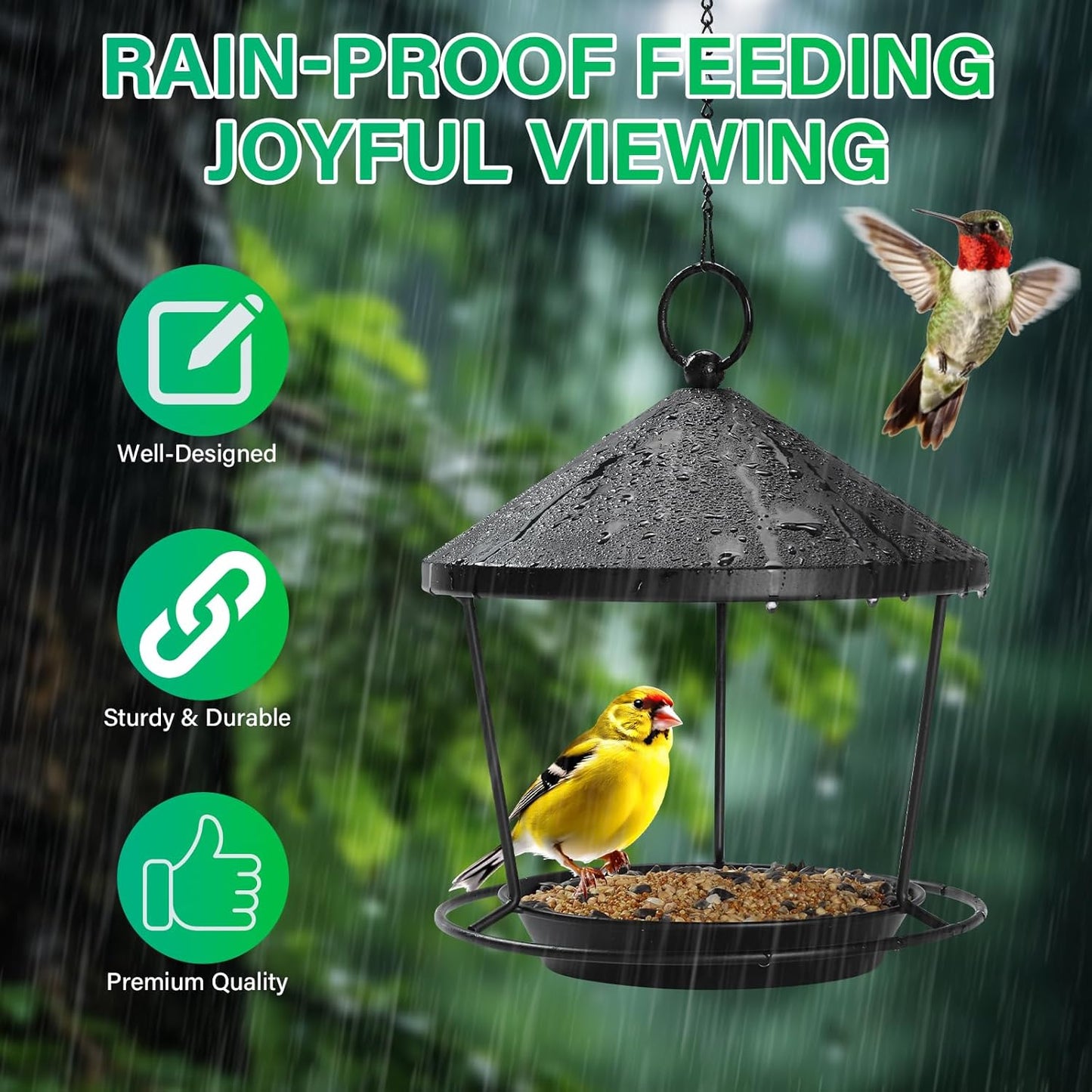 Bird Feeder for Outdoor Hanging，Hanging Bird Feeder with Roof，Elegant Garden Sculpture with Multi-Use Bird Bath and Feeder with Chain and Hook，Creative Decor for Patio, Balcony, Yard & Home