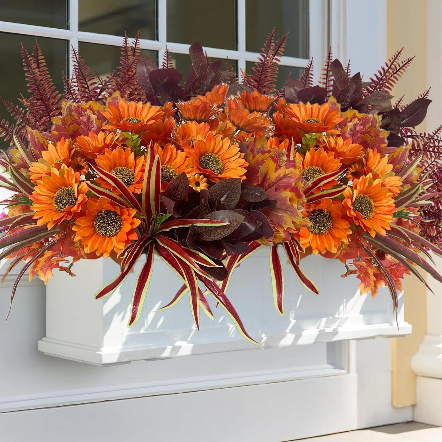 Artificial Sunflowers Flowers Faux Plants Greenery for Fall Thanksgiving Outdoor, 12 Bundles Fake Silk Bushes Foliage Look Real UV Resistant for Outside Planters Porch Pot Decor