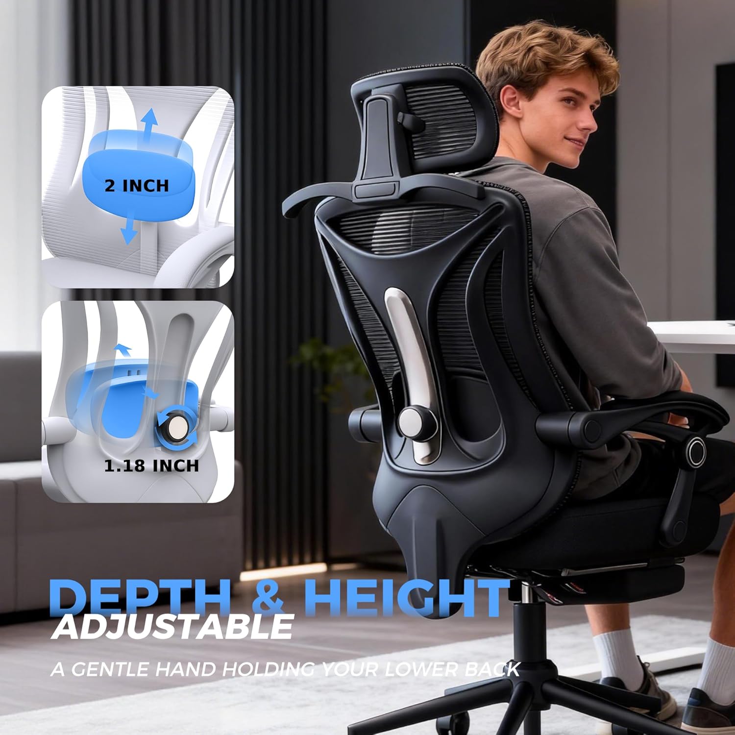 Ergonomic Office Chair with Footrest - Adjustable Lumbar Support & Hea