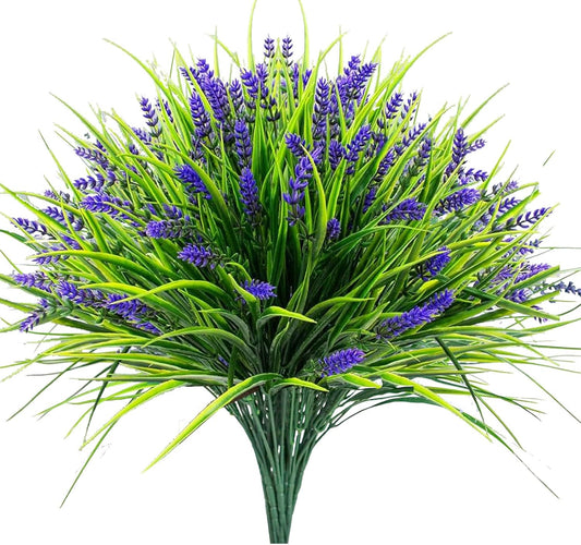 Toprooms 12 Bundles Artificial Plants Outdoor, Fake Monkey Grass with Flowers for Pot UV Resistant Greenery Stems Flowers Shrubs Home Garden Porch Patio Hanging Planter Office Decor (Purple)