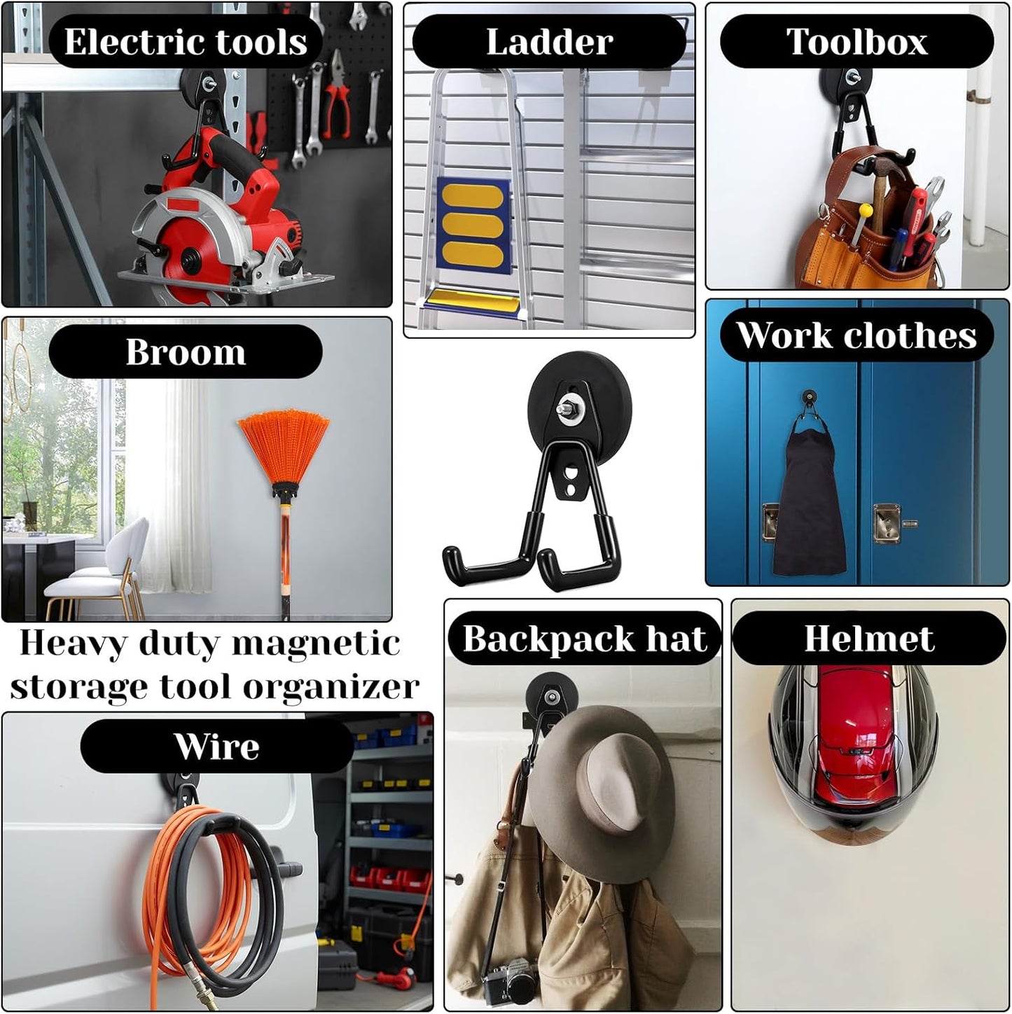 4Pcs Heavy Duty Storage Magnetic Utility Hooks Large Garage Strong Extra Magnet Hooks Hanger with Anti-Slip Coating Heavy Duty Magnetic Hook for Hanging Power Dril Garage Garden Tools Black