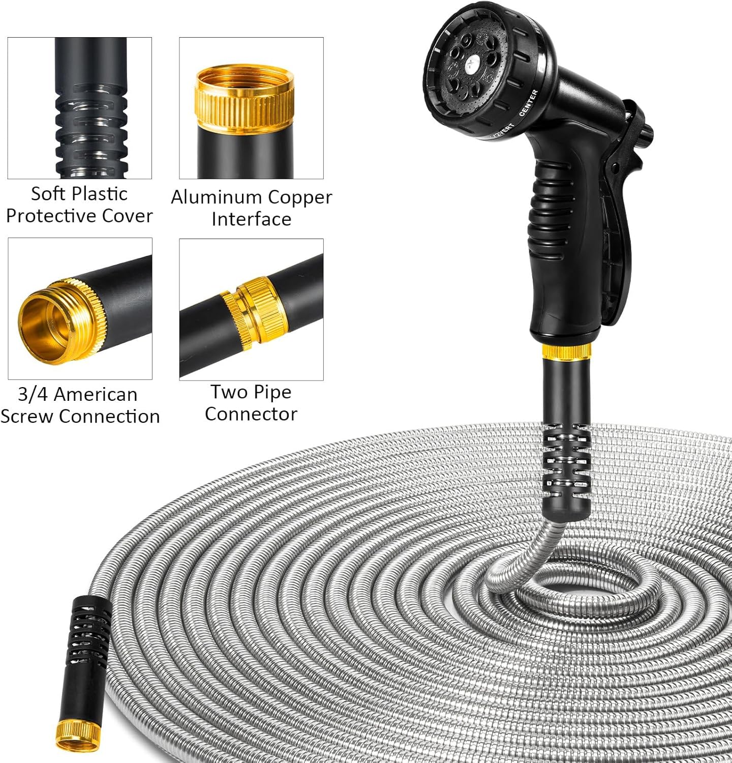100ft Garden Hose, Heavy Duty Metal Water Hose 100 ft with 10 Function