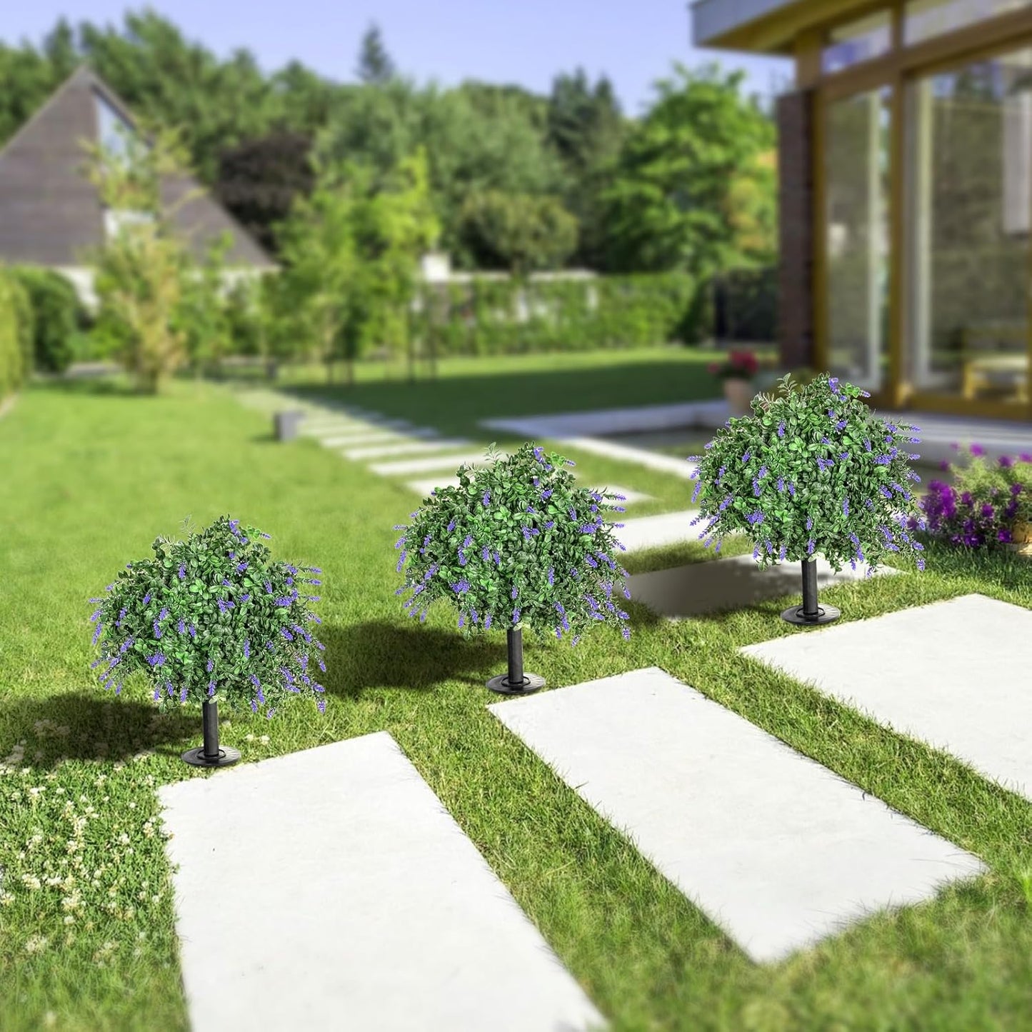 Artificial Lavender Topiary Ball Trees 18" with Ground Spike, Set of 2 UV Resistant Faux Shrubs, Fake Evergreen Boxwood Plant for Outdoor, Indoor, Garden, Yard, Porch, Patio, Front Porch Decor