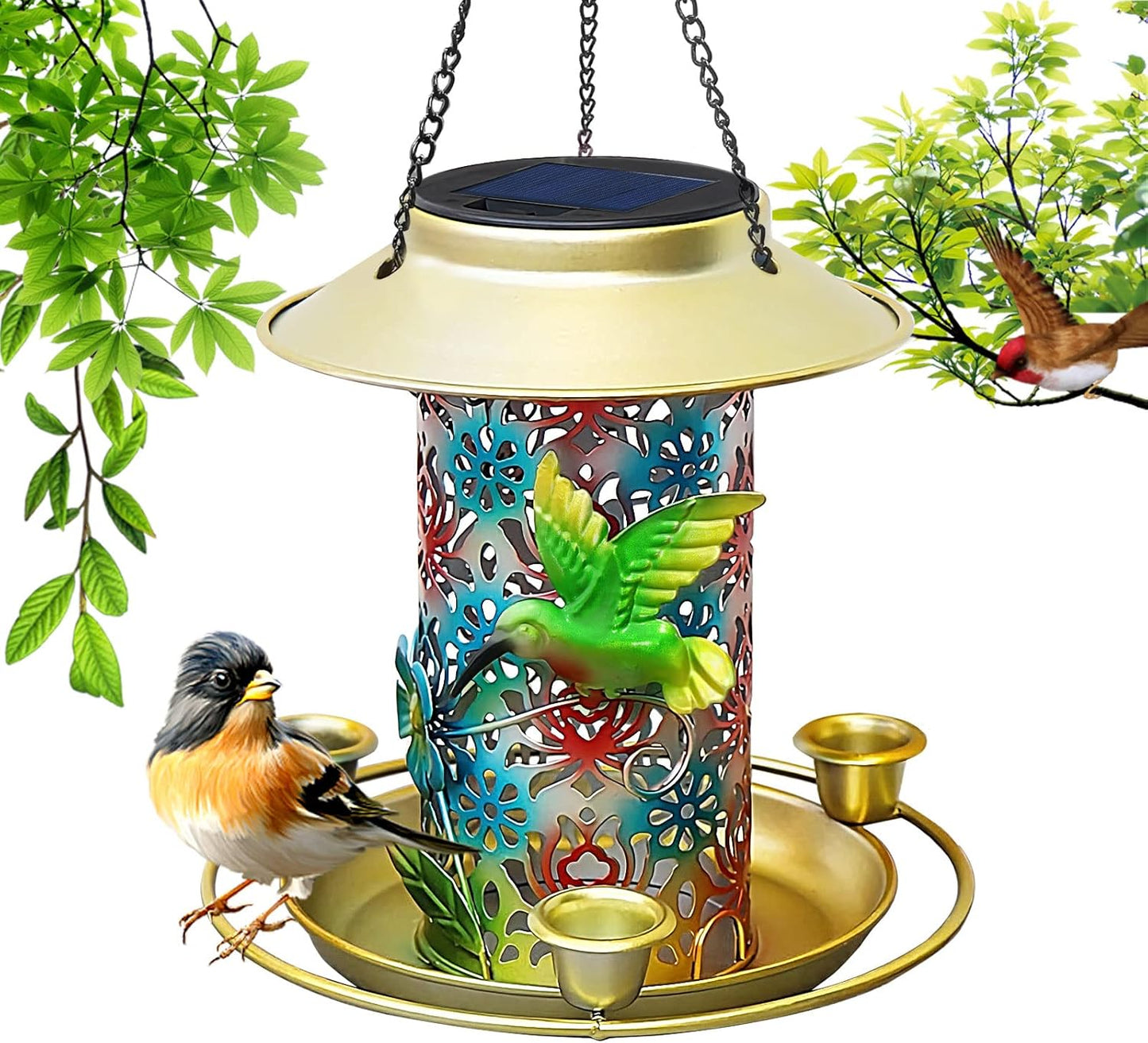 Solar Bird Feeder for Outdoors Hanging, Metal Waterproof Hummingbird Feeders Outside Wild Bird Feeders with 3 Water Feeder Cups and LED Light, Gift for Birds Lovers, Garden Lantern Decoration