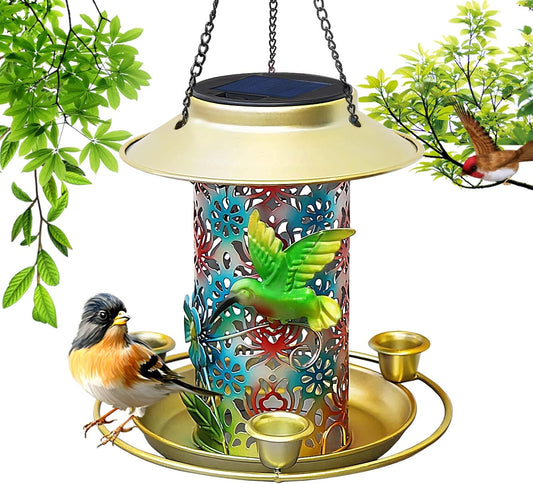 Solar Bird Feeder for Outdoors Hanging, Metal Waterproof Hummingbird Feeders Outside Wild Bird Feeders with 3 Water Feeder Cups and LED Light, Gift for Birds Lovers, Garden Lantern Decoration