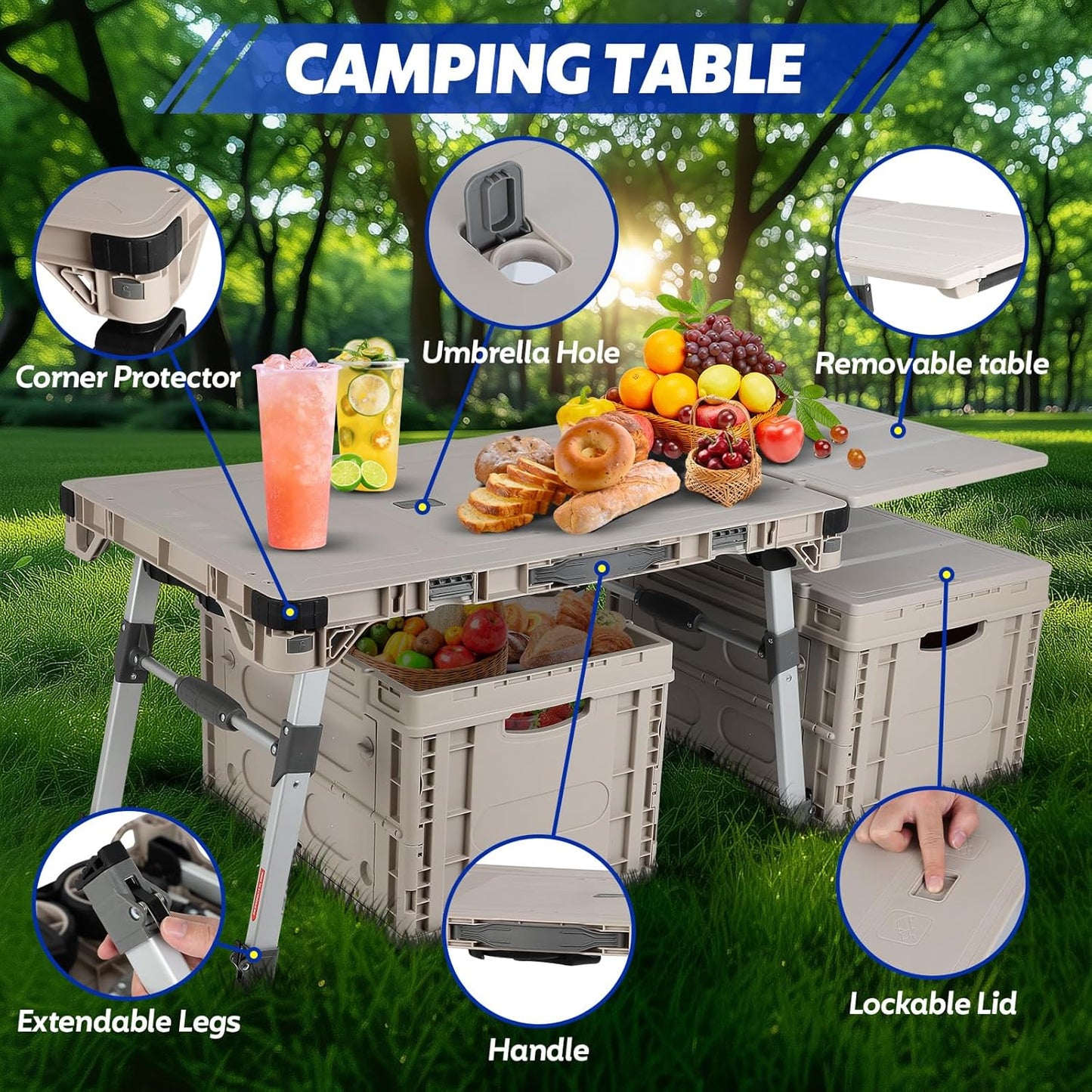 Foldable Camping Table Cart,3-in-1 Convertible Utility Wagon with 2 Lockable Storage Boxes, 360° Rotating Wheels & Adjustable Legs for Outdoor Camping, Travel & Hiking