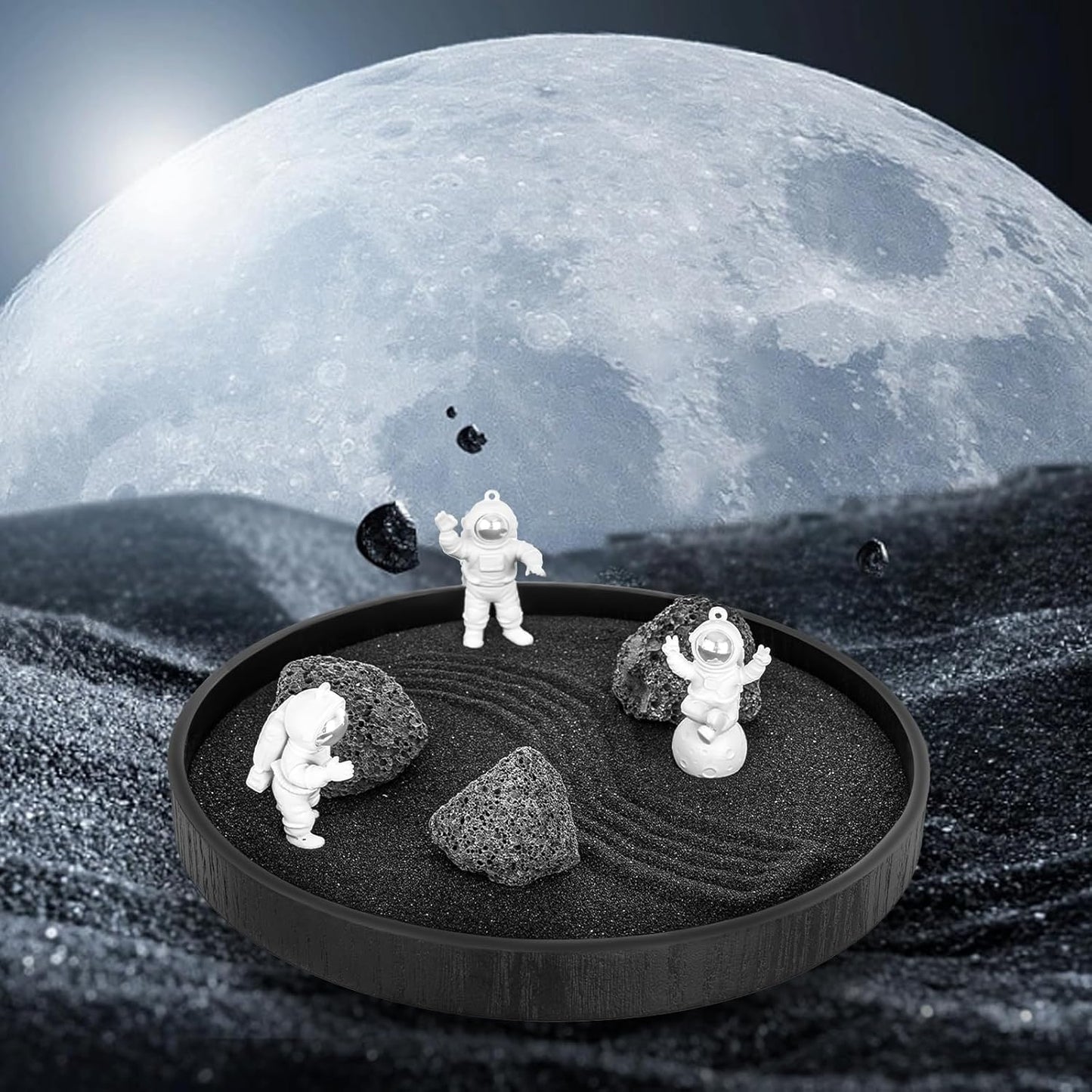 Zen Garden Kit for Desk – 8.2" Mini Zen Garden Desktop Decor with Astronauts, Black Sand, Stones & Rake Home Office Desk Decorations, Unique Decoration Gifts for Family and Friend