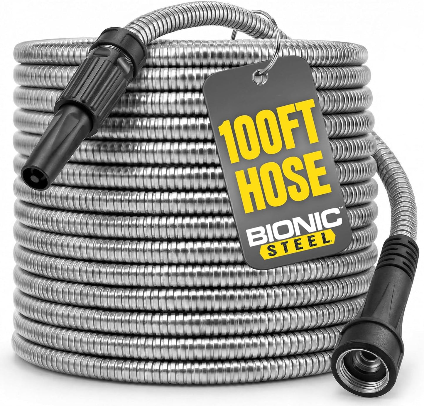 BIONIC STEEL 100 Ft Metal Garden Hose with Sprayer Nozzle, Non Kinking