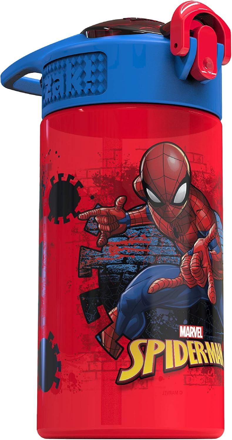 Zak Designs Marvel SpiderMan Kids Spout Cover and Built-in Carrying Loop Made of Plastic, Leak-Proof Water Bottle Design (16 oz, BPA-Free)