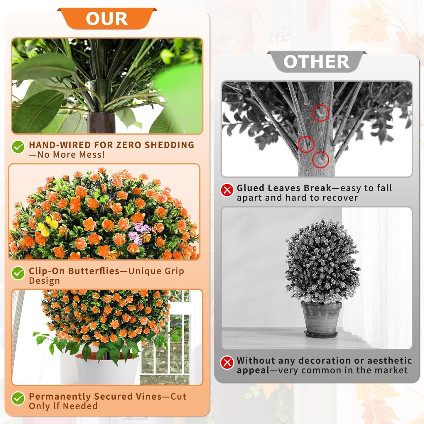 28" Artificial Flower Bushes with Ground Stakes – Artificial Boxwood Topiary Trees with Roses Orange Faux Floral Plants with Autumn Leaves for Outdoor Thanksgiving, Garden, Pathway, Porch Décor