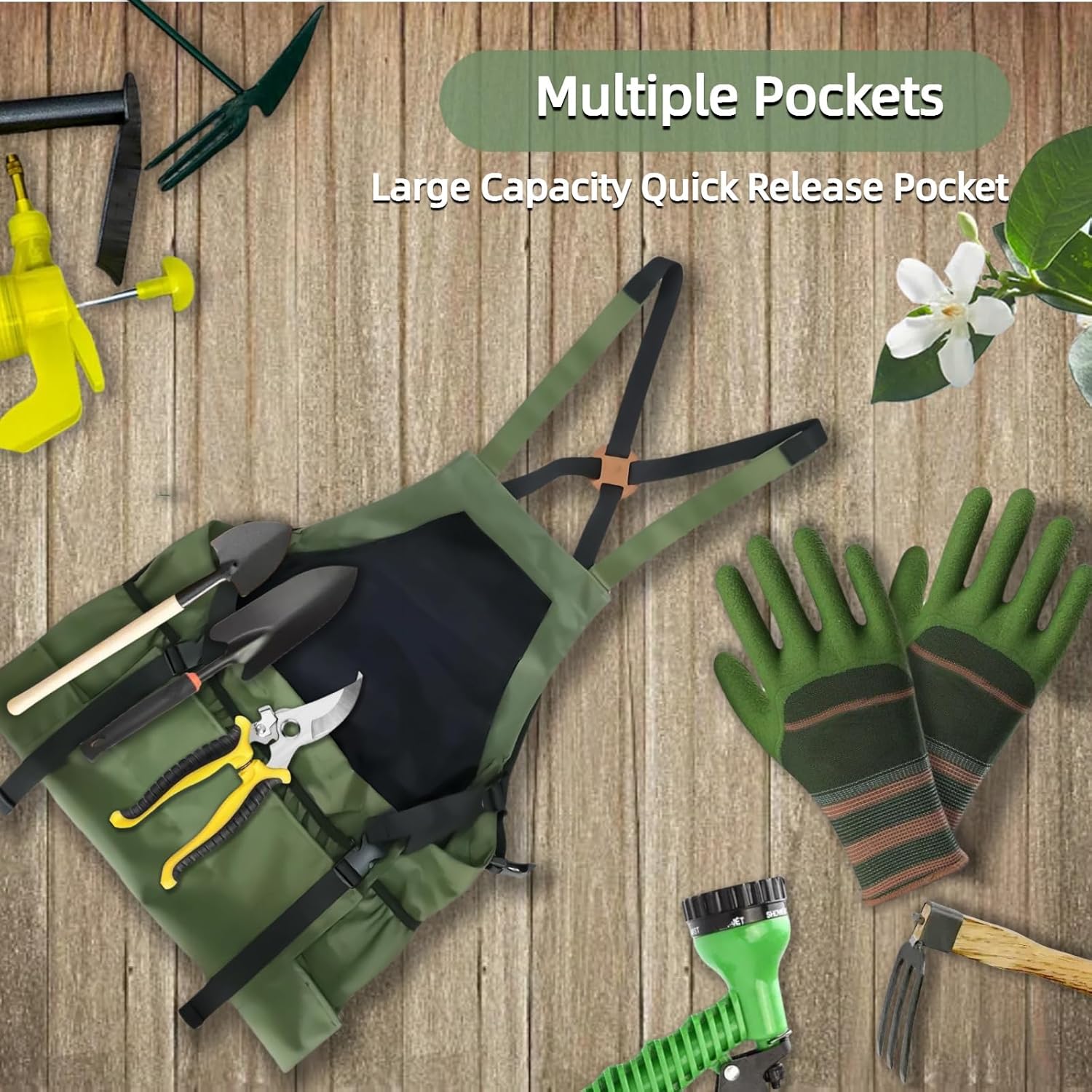 Garden Apron with Green Gloves-Adjustable Waist, Water-Repellent Garde