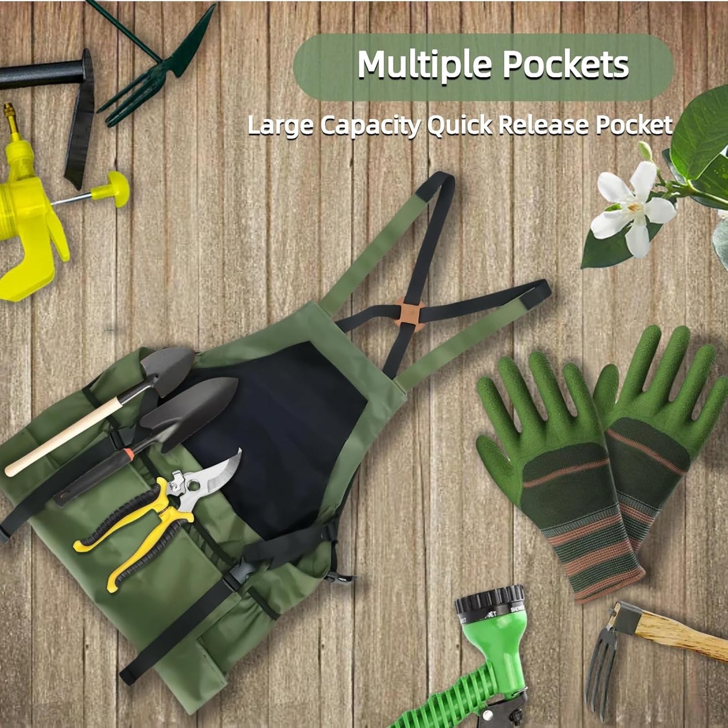 Garden Apron with Green Gloves-Adjustable Waist, Water-Repellent Gardening Apron with Pockets for Gardening and Kitchen Tasks