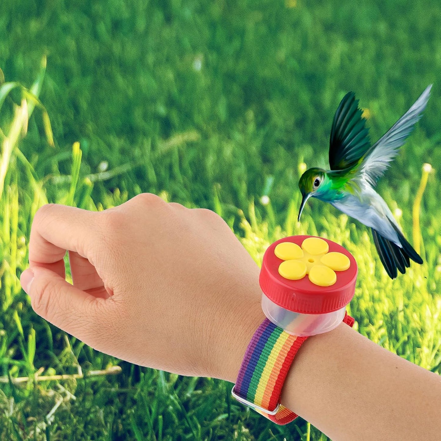 4-Pack Mini Hummingbird Ring Feeders, Hummingbird Wrist Feeder with Adjustable Strap & Cleaning Brush, Ideal for Outdoor Window Bird Watching for Nature Enthusiasts