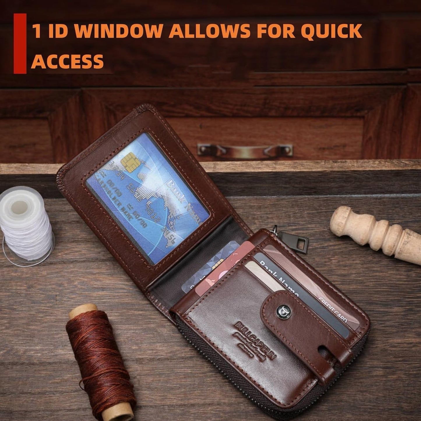 BULLCAPTAIN Genuine Leather Men's Wallet with Zipper Vintage RFID Bloc