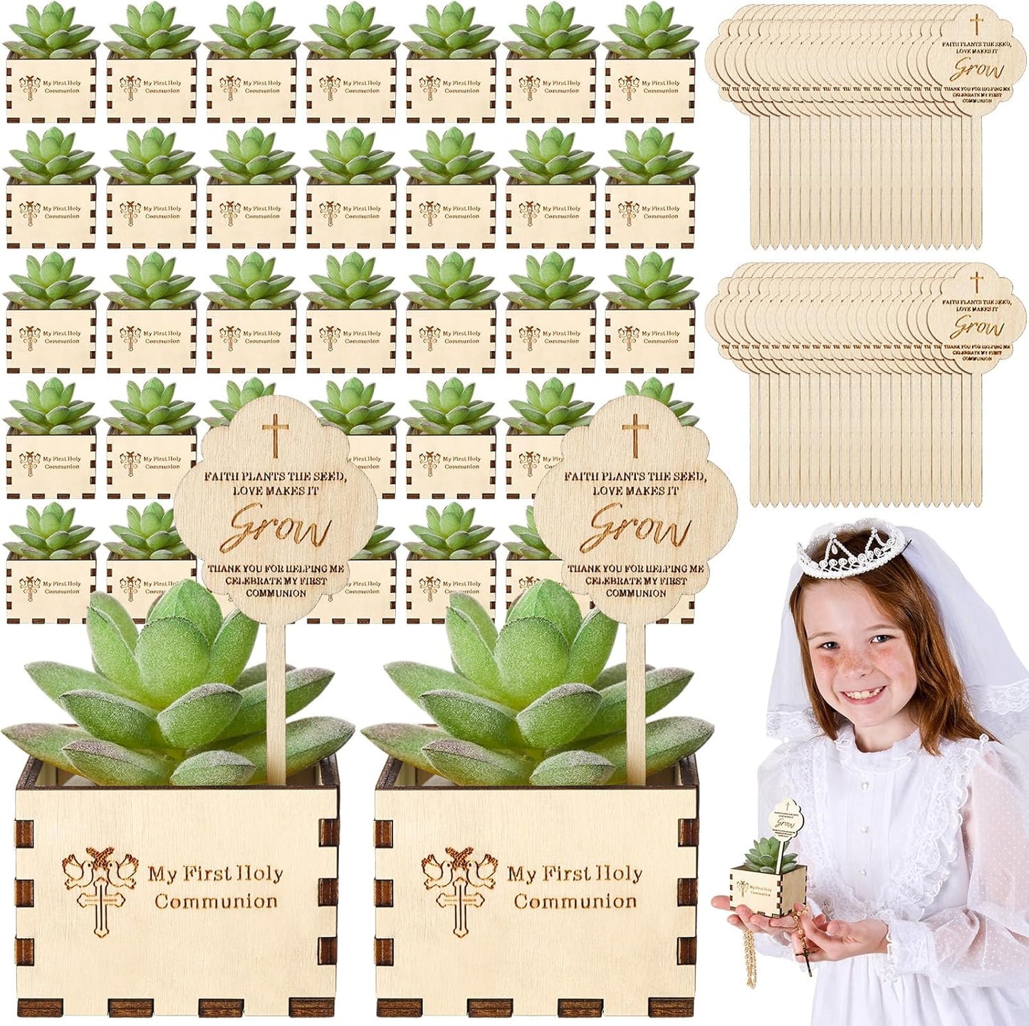 40 Sets First Holy Communion Mini Succulent Pots Plant Labels Wood Planter Pot Small Unfinished Planter First Communion Favors Decorations Holy Communion Gifts Baptism Gifts Let Faith Grow