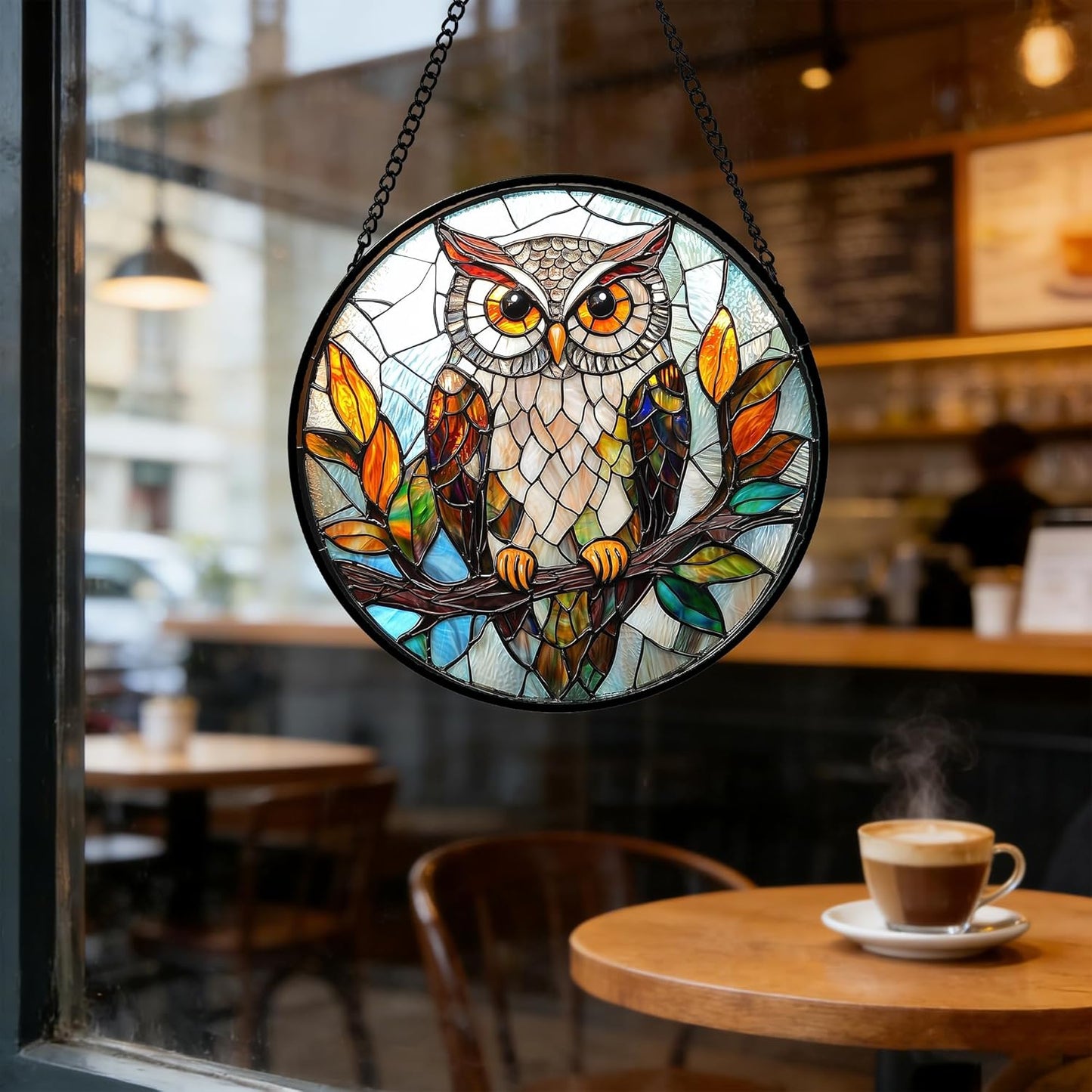 Stained Glass Window Hanging, Owl Colorful Leaves Birds Sun Catchers Diamond Glass Panel Hangings Suncatcher Decor for Birthday for Women, Men, Wife, Aunt, and Mom 7.8 in