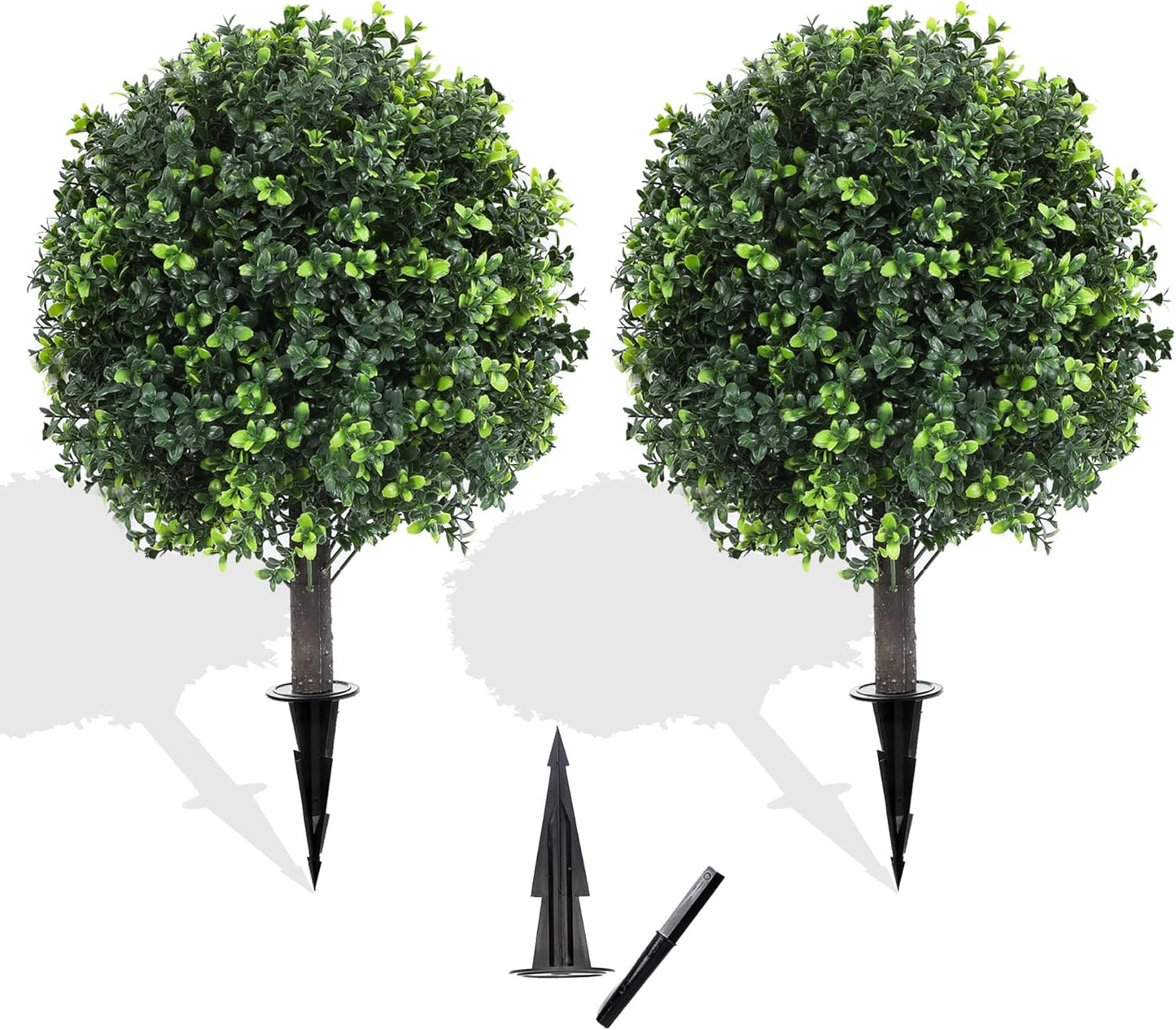 27.2" Artificial Boxwood Topiary Set of 2 with Spike, Fake Plants Boxwood Balls Greenery Bushes, Uv Resistant Artificial Outdoor Plants Shrubs for Front Porch Decor, Home Faux Plants Indoor