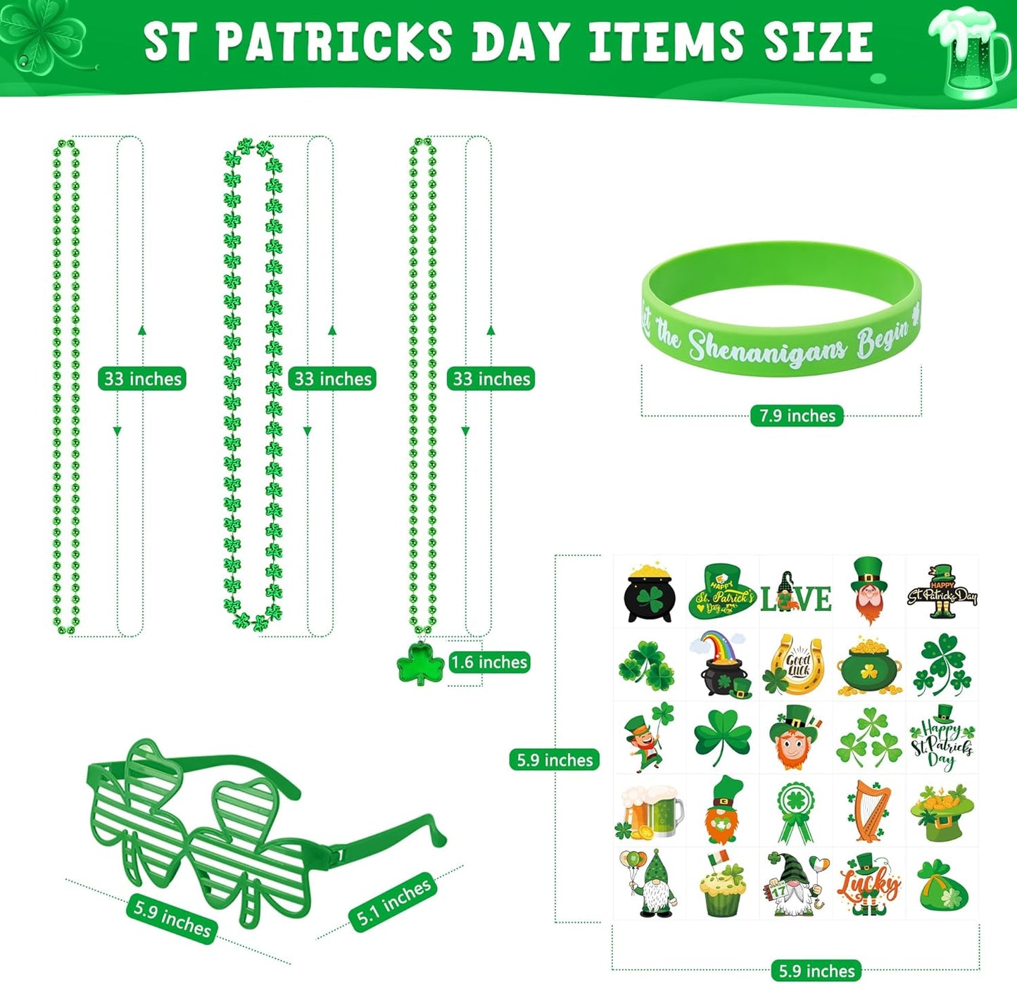 140PCS St Patricks Day Accessories, St. Patrick's Day Glasses Bracelets Tattoos Beads, Irish Glasses Bracelets Tattoos Beads Stuff Bulk, Shamrock Saint Patricks Parade Throw Party Favor Decor