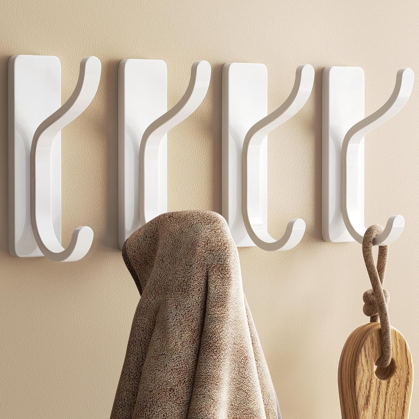 pickpiff Adhesive Wall Coat Hooks - Heavy Duty Stick-On Door Hanger, Metal Hook for Hanging Towel,Purse, Robe, Backpack, Jacket, Clothes - for Bathroom,Dorm, Closet, Kitchen - White, 4 Pack
