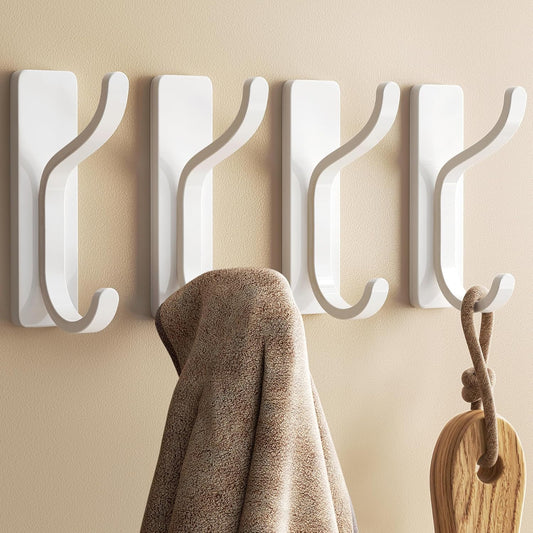 pickpiff Adhesive Wall Coat Hooks - Heavy Duty Stick-On Door Hanger, Metal Hook for Hanging Towel,Purse, Robe, Backpack, Jacket, Clothes - for Bathroom,Dorm, Closet, Kitchen - White, 4 Pack