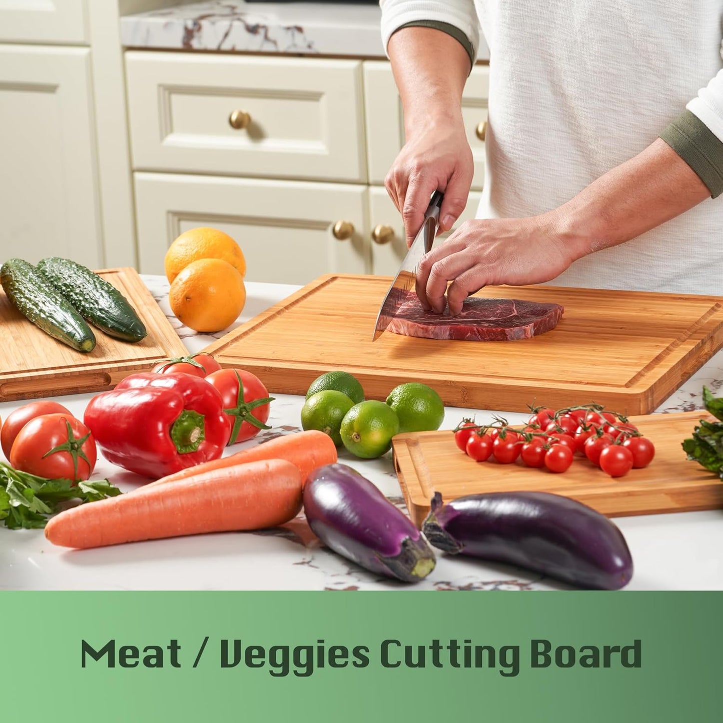 Bamboo Wood Cutting Board for Kitchen, 1" Thick Butcher Block, Cheese Charcuterie Board, with Side Handles and Juice Grooves, 16x11"