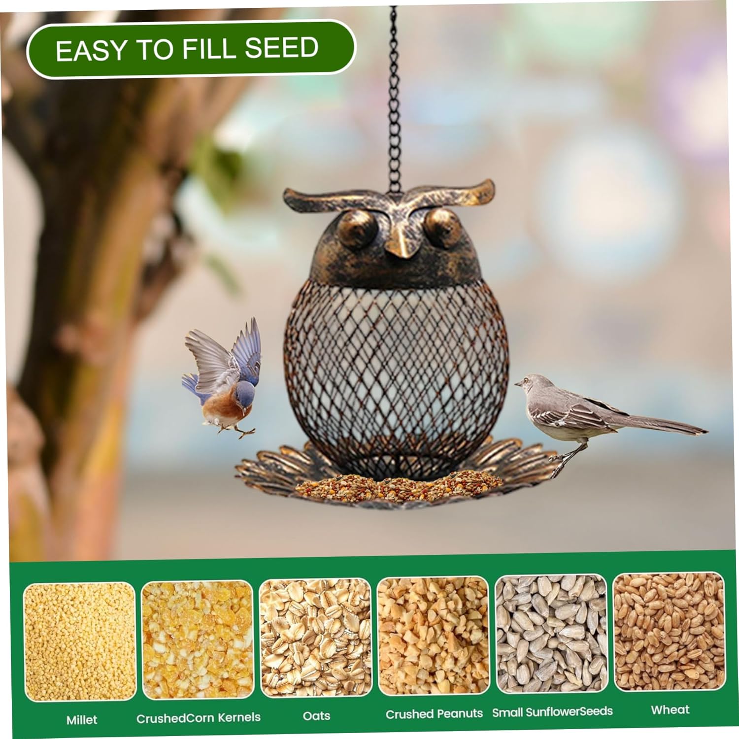 Metal Bird Feeder 6 Inch Owl-Shaped Hanging Bird Feeder with Hollow Ou