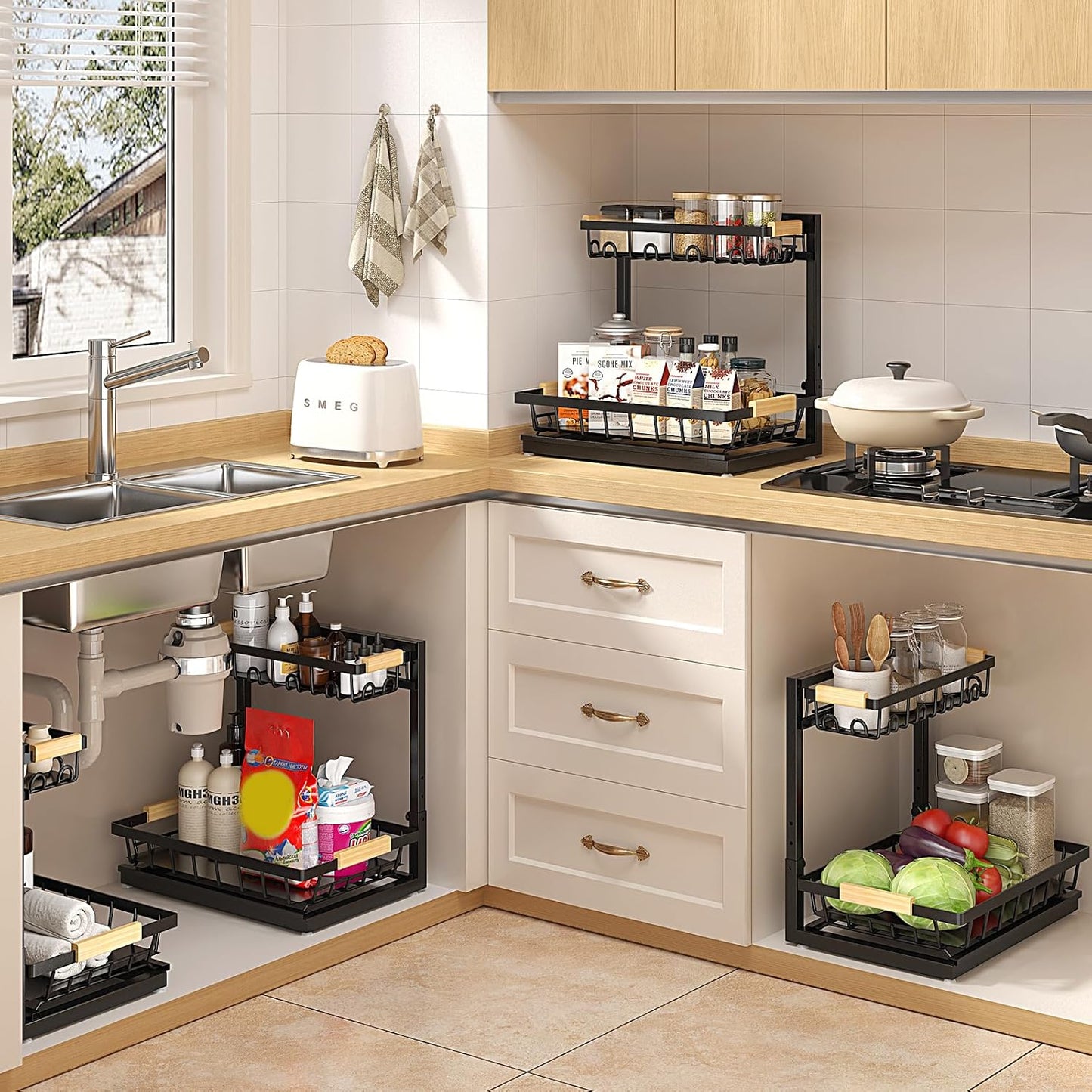 2 Packs Under Sink Organizer, Height Adjustable 2 Tier Under Kitchen Sink Organizer, Multi-Purpose Storage Shelf for Kitchen Bathroom Cabinet (Black, Large)