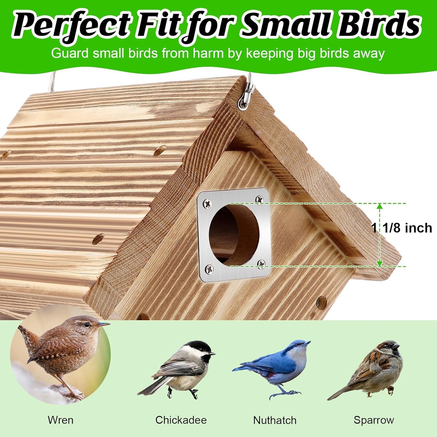 Dreyoo 1 Pack Wren House with Metal Guard, 1-1/8'' Entrance Hole Hanging Wren Bird Houses for Outside for Nesting with Air Vents, Pine Wood for Chickadees, Charcoal