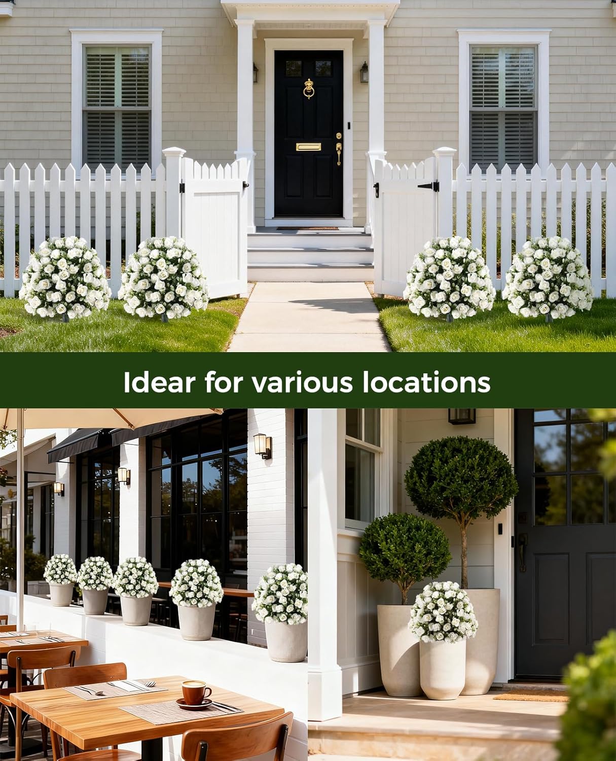 24’’ White Rose Topiary Ball Tree, Faux Plants Outdoor Rose Bush, Fake Evergreen Potted Plants Artificial Decor for Garden, Front Porch, Living Room, Balcony Decor, Set of 2