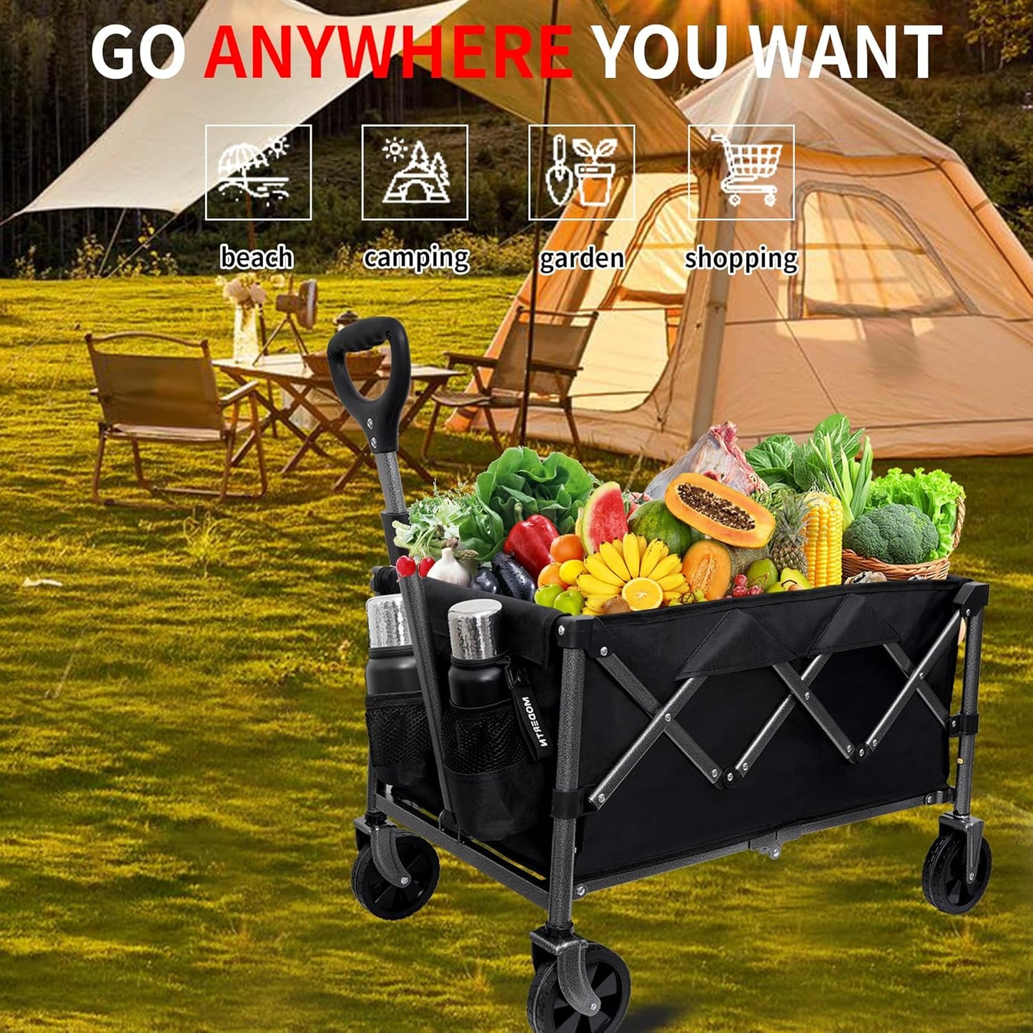 Collapsible Wagon Cart with Wheels Foldable，220lbs Weight Capacity,100L Shopping Cart for Groceries Folding Utility Wagon for Beach, Garden, Camping, Sport, Black