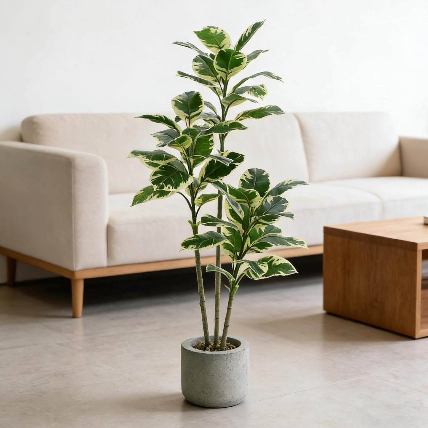 Artificial Rubber Plant, 5FT Faux Plants Indoor Fake Rubber Tree with White Planter, Tall Fake Plants Potted Tree Floor Plant in Pot, Artificial Trees for Home Office Room Outdoor Decor