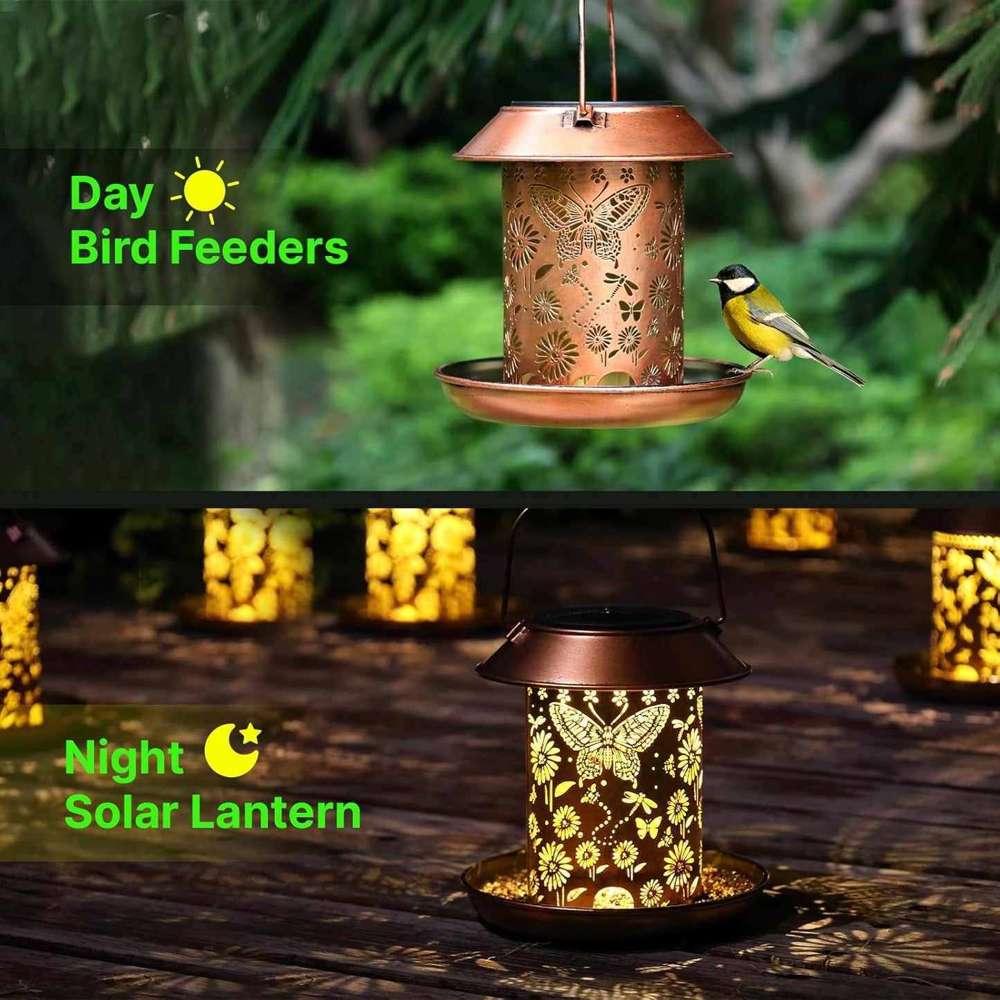 Solar Bird Feeders for Outdoors Metal Butterfly Lantern Hanging on a Tree Metal Wild Bird Feeder Decoration for Patio,Yard,Lawn,Pathway,Garden,Garden Decor Gifts for Bird Lovers Mom Friends