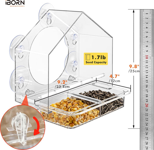 iBorn 2026 New Window Bird Feeders for Outdoors Wind-Proof Tray Lock,Cardinal Bird Feeder with Strong Suction Cups for Window Birds Watching, Chewproof PC, for Parent &Child