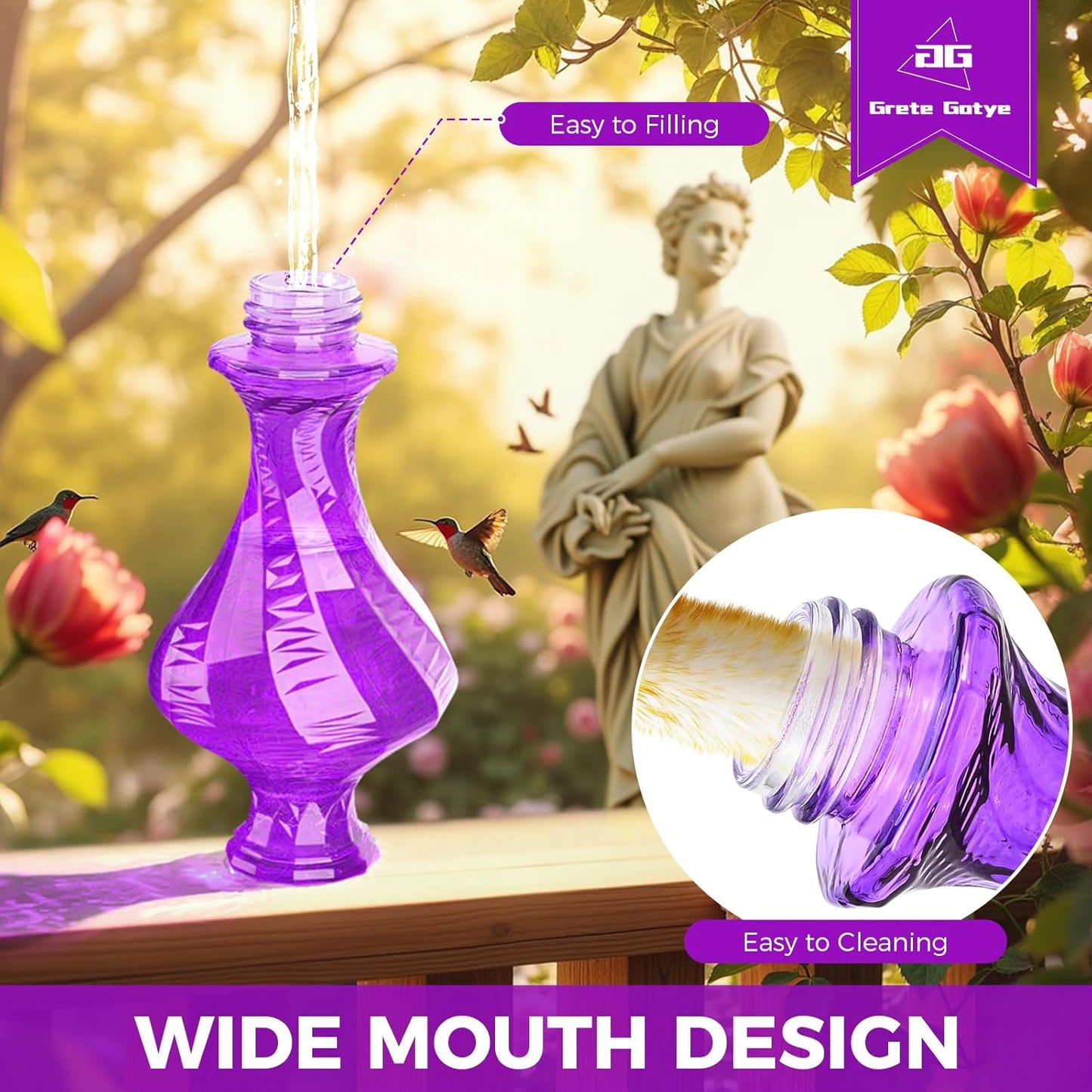 Glass Hummingbird Feeder for Outdoors Hanging, Bird Nectar Feeder with Perch & 5 Flower Feeding Ports, 20 Oz Leak Proof for Outside Garden Decor Backyard, Gifts for Women Mom, Purple