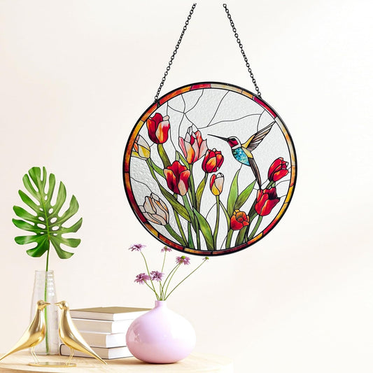 Hummingbird and Tulips Stained Glass Suncatcher - Handcrafted Real Glass Window Hanging for Home, Garden, and Patio Decor - 7.8 inch Round Decorative Art Gift for Nature Lovers and Moms