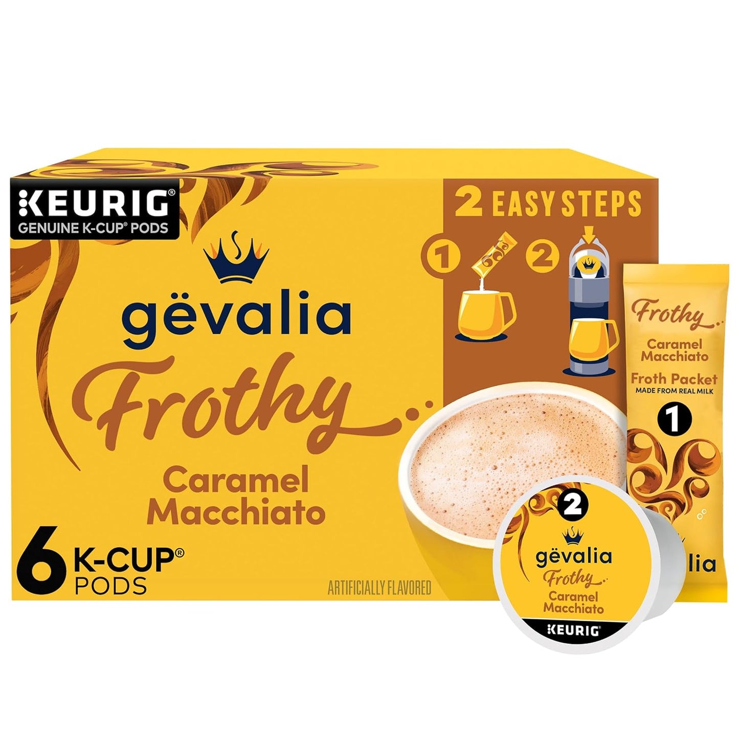 Gevalia Frothy 2-Step Artificially Flavored Caramel Macchiato Espresso Style K-Cup Coffee Pods & Froth Packets Kit, 6 ct Box