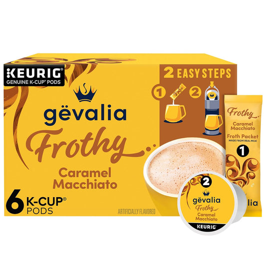 Gevalia Frothy 2-Step Artificially Flavored Caramel Macchiato Espresso Style K-Cup Coffee Pods & Froth Packets Kit, 6 ct Box