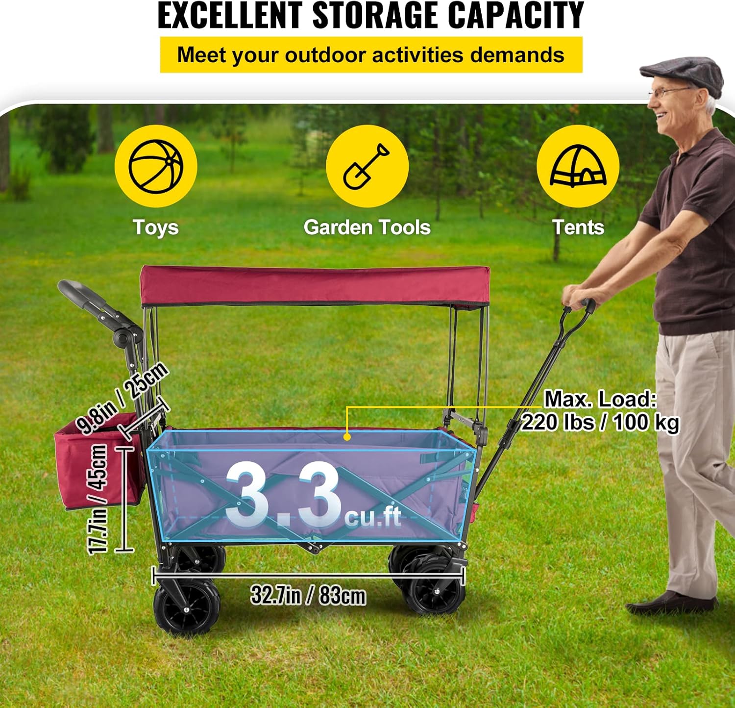 Happbuy Collapsible Wagon with Removable Canopy, 220lbs Heavy Duty Fol