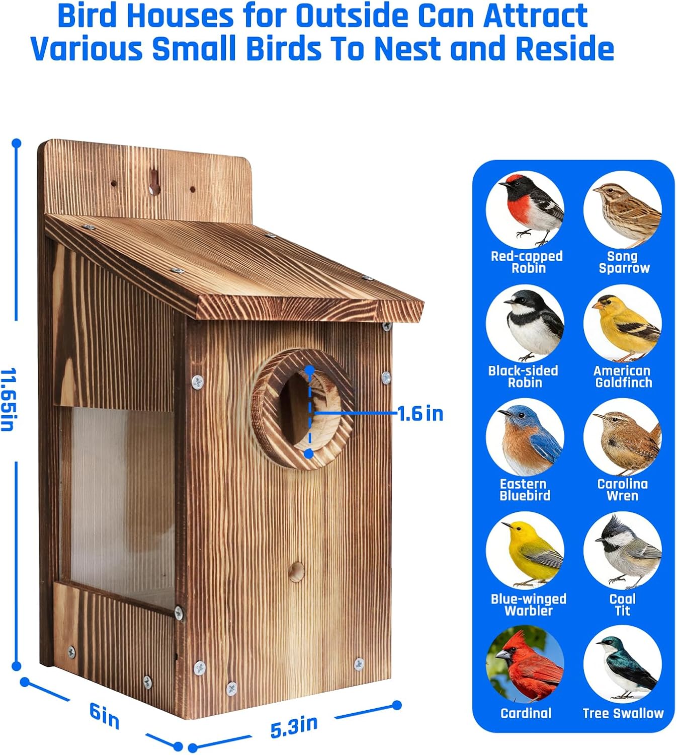 Natural Wood Birdhouse for Outside, Wooden Nesting Box with Circular Entrance Hole and Perch， Blue Bird Houses for Outdoors with Clear View Panel & Predator Guard for Blue Robin, Wren, Swallow